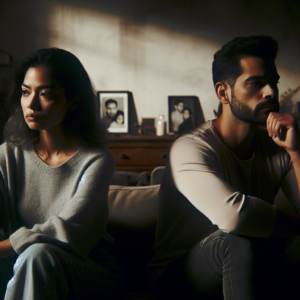 A thoughtful couple sitting apart on a couch, each looking contemplative, with a dimly lit room suggesting a melancholic mood. The background shows subtle signs of a shared life, like combined photos or personal items, symbolizing a drifting apart in an intimate space.