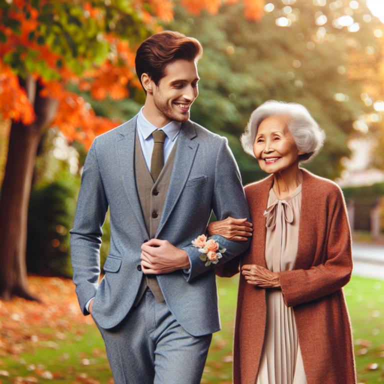 An elegant couple walking hand in hand in a park, showing a visible age difference but looking happy and in love, surrounded by autumn leaves and a peaceful ambiance.