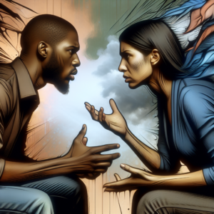 A tense and emotionally charged conversation between two people, illustrating a psychological struggle, with a blurred background suggesting the complexity of relationships.