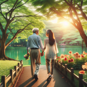 A loving couple with a significant age difference, walking hand-in-hand in a beautiful park setting, showcasing a sense of harmony and connection despite age differences.