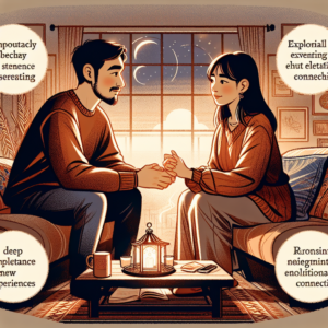 A delicate, tasteful illustration of a couple in a warm, intimate setting, communicating and exploring new experiences together, focusing on emotional connection and mutual respect during intimacy.