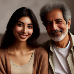 A diverse couple, one partner significantly older than the other, looking happy and content together. They are in a cozy, intimate setting, exuding warmth and understanding. The background is neutral, emphasizing their connection.