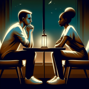 A thoughtful and serene illustration of two people sitting across from each other having a heartfelt conversation, surrounded by a calm and peaceful environment, embodying a respectful and honest breakup discussion.