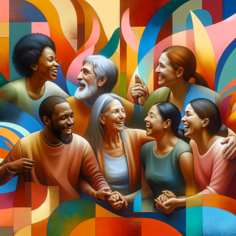 A diverse group of people engaging in non-penetrative, intimate activities, expressing joy and connection in a colorful, abstract setting, subtly highlighting mutual pleasure beyond traditional norms.