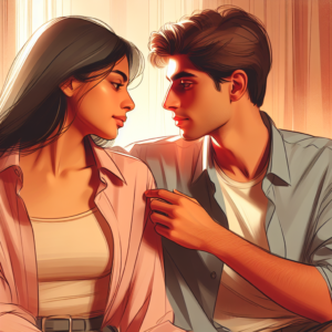 An artistic, tasteful illustration of a couple communicating closely and intimately in a soft, warm setting, focusing on mutual trust and affection, without explicit content.