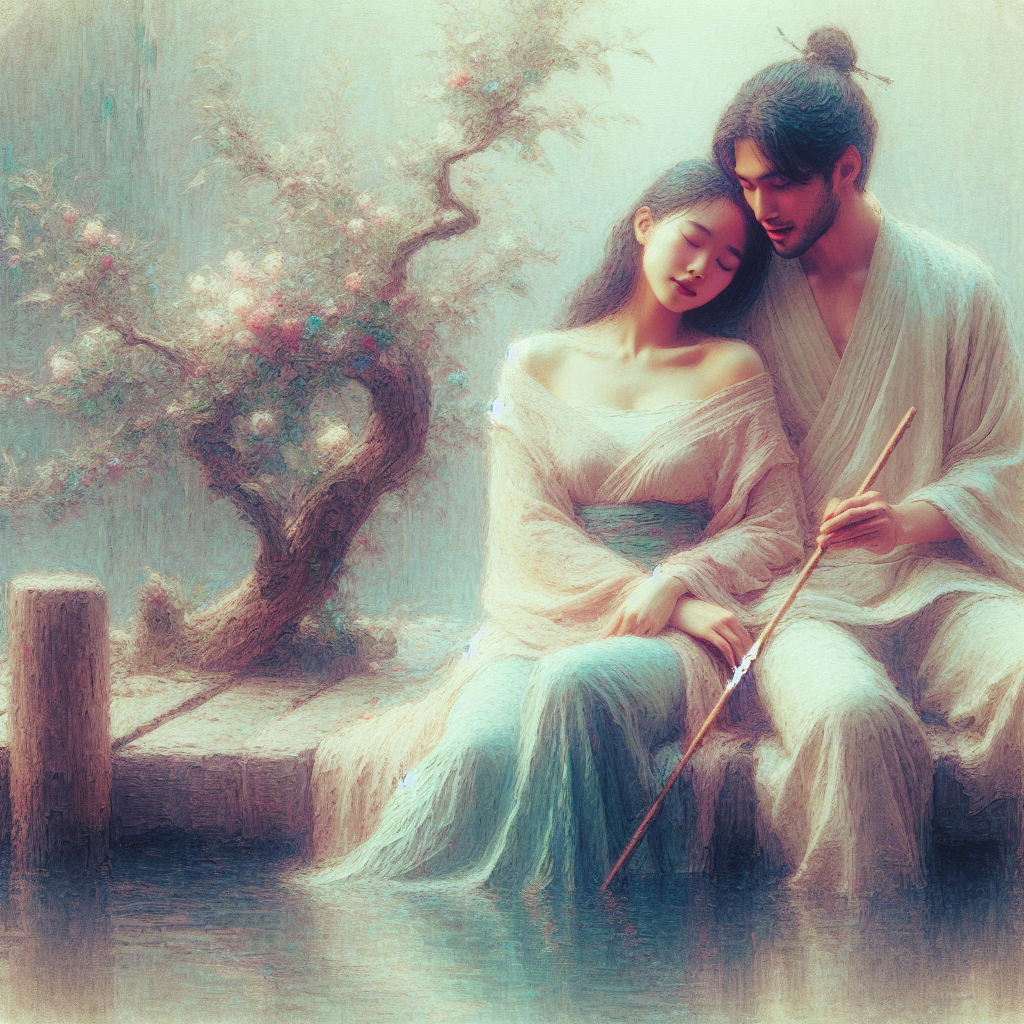 A serene, romantic setting with two people enjoying a relaxed moment together, symbolizing connection and slow romance, soft pastel colors, gentle lighting.