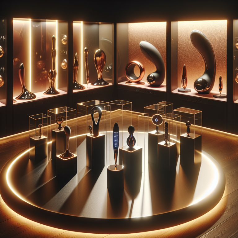 A futuristic setting with various innovative and sleekly designed sextoys displayed elegantly, hinting at technology and sensuality. The lighting is soft, providing a warm ambiance.