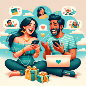 A romantic illustration showing a couple communicating through texts, exchanging gifts, and recalling shared memories. The couple should look diverse and happy, with emphasis on digital interaction like phones and laptops.