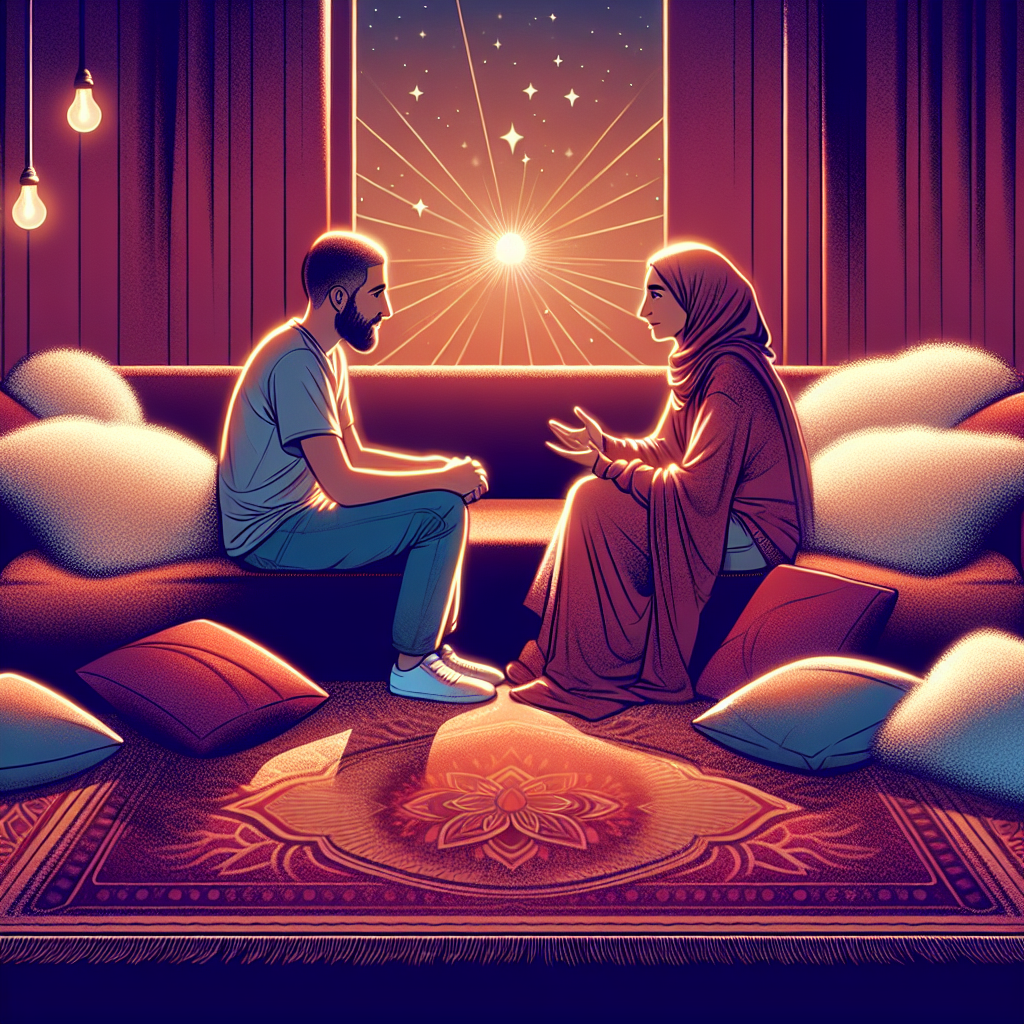 A tasteful and educational illustration of a couple engaging in intimate communication about sexual preferences, set in a cozy, dimly-lit room with soft textures and warm, inviting colors.