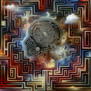 An abstract depiction of psychological manipulation, illustrating a labyrinth representing the complexity of navigating toxic relationships, in a surreal and thought-provoking art style.