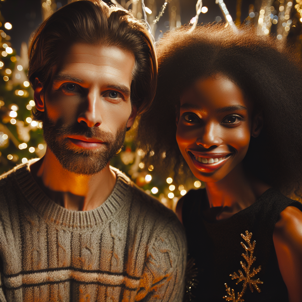 A couple at a festive holiday gathering, looking cheerful but with a subtle hint of tension, surrounded by Christmas decorations like tinsel and lights, capturing both joy and underlying emotional strain.