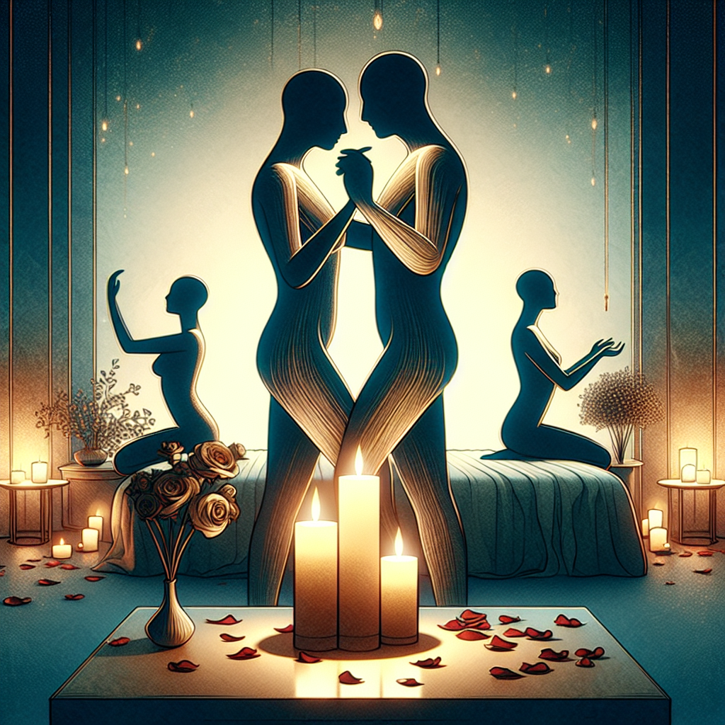 A sensual, artistic illustration depicting a variety of Kamasutra positions, focusing on mutual pleasure and intimacy between partners, set in a softly lit room with a romantic ambiance.