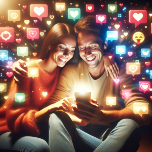 A couple happily engaged with a smartphone, using a relationship app, surrounded by digital icons symbolizing communication and love. Bright and cheerful ambiance.