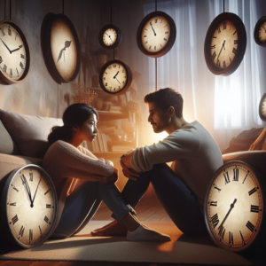 A couple of diverse ethnic backgrounds, sitting together at home, surrounded by symbolic clock faces showing different times (3, 7, 11, 15). They appear deep in conversation, signifying communication during relationship milestones. Soft, warm lighting to convey a hopeful and introspective atmosphere.