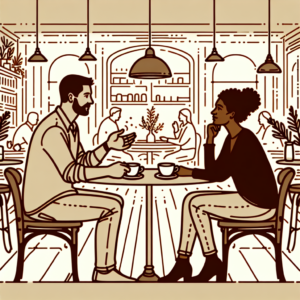 A peaceful, respectful breakup, showing two people having a sincere conversation, perhaps sitting in a cozy café, with soft, neutral lighting to evoke a sense of calm and mutual respect.