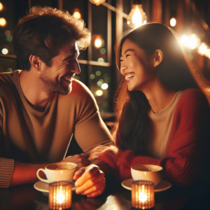 A romantic couple on a cozy date in an ambient café, engaged in deep conversation, with warm lighting and soft background music. The couple looks happy, suggesting comfort and understanding between them.