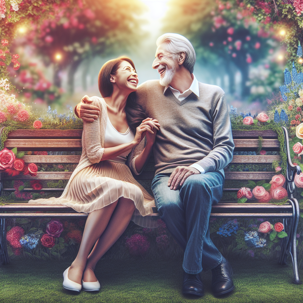 A romantic couple of significantly different ages, sitting together on a park bench, smiling and holding hands, surrounded by blooming flowers, symbolizing love transcending age differences.