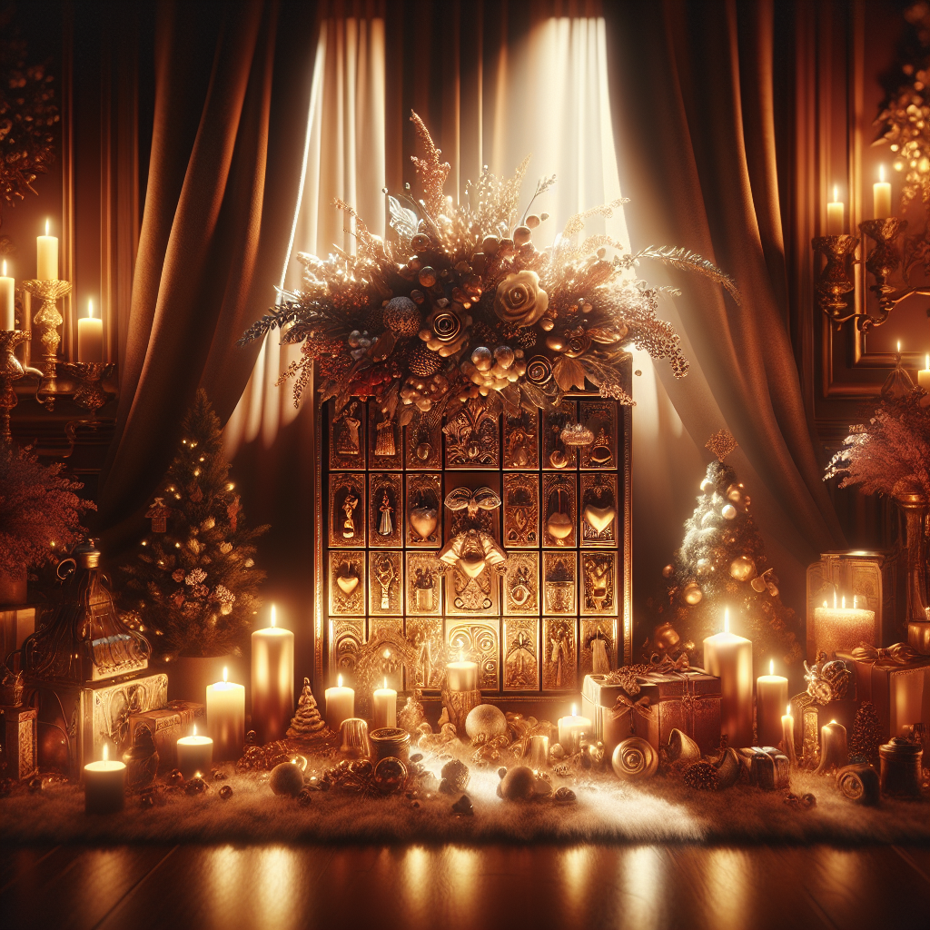 A luxurious, romantic scene depicting a sensual advent calendar, surrounded by elegant holiday decorations, with a cozy, intimate lighting setting.