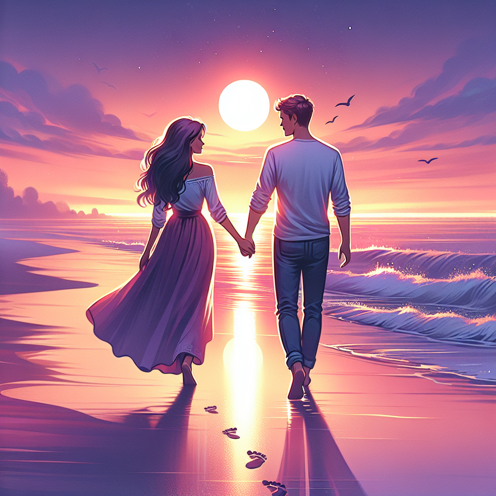 Illustration romantique d'un couple marchant main dans la main sur une plage au coucher du soleil, avec une ambiance apaisante et chaleureuse.