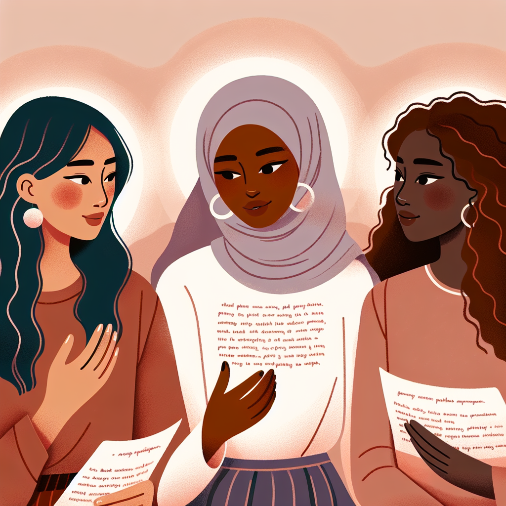 A tasteful and informative illustration showing three diverse women engaged in a conversation about intimate and pleasurable experiences, focusing on body positivity and empowerment, with a soft color palette.