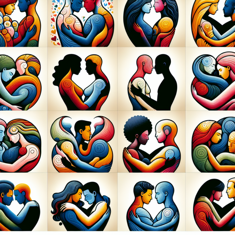 A creative and tasteful illustration of nine different sexual positions in an abstract and colorful style, showing diverse couples exploring intimate and passionate experiences, suitable for a modern educational setting.