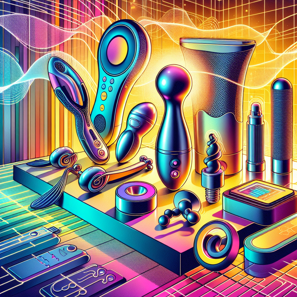 A creative and vibrant illustration featuring a variety of innovative and futuristic sextoys in a modern and colorful setting, showcasing elements like sonic wave technology, eco-friendly materials, and chic design aesthetics.