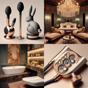 A collage showing various modern sex toys, like high-tech gadgets, made from eco-friendly materials. Includes a rabbit toy with dual stimulation function and a chic showerhead design in a luxurious bathroom setting.