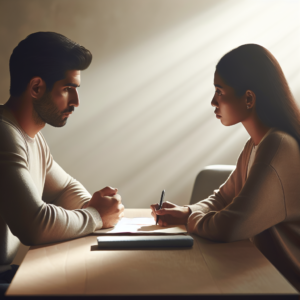 A peaceful and empathetic breakup conversation between a couple, sitting at a table in a calm and neutral environment, with soft lighting and attentive listening.