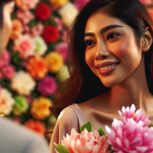 A woman looking lovingly at someone, smiling warmly, with soft pastel colors and a background of blooming flowers to signify romance and affection.