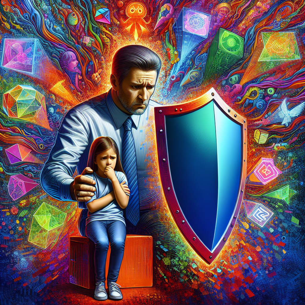 A thought-provoking illustration of a concerned parent protecting their child from overwhelming digital content, symbolized by a shield against a screen filled with suggestive imagery, highlighting the importance of safeguarding youth from online pornography.