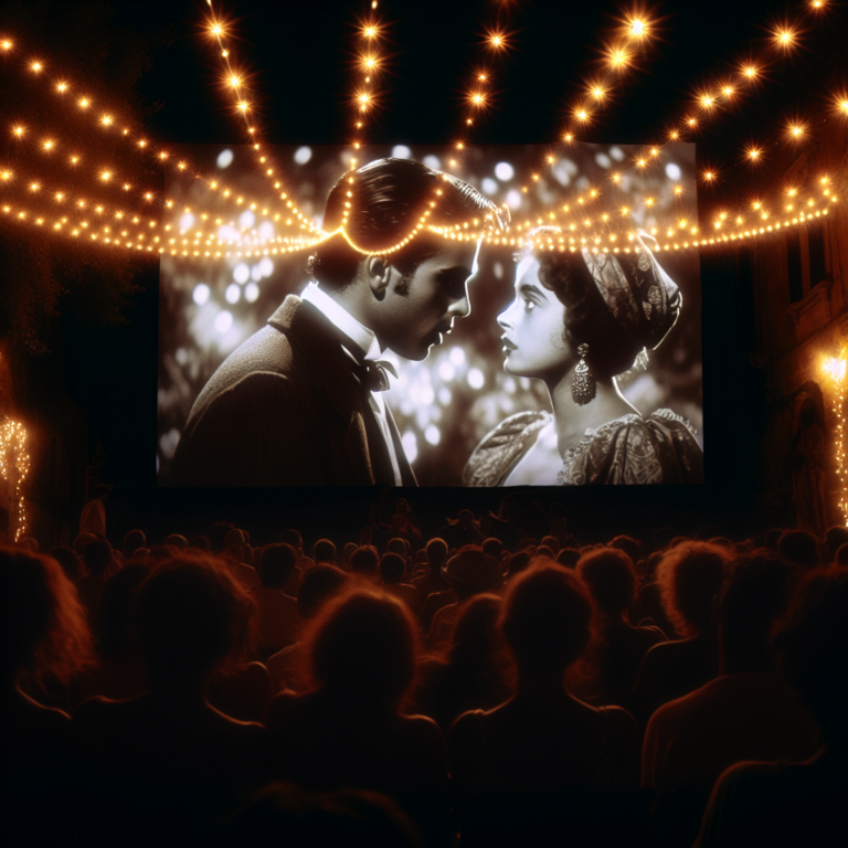 A romantic movie scene at night with a glowing screen, showing a couple having a passionate moment under a string of lights. The atmosphere is warm and inviting, with silhouettes of an audience watching, entranced by the scene. The colors are rich and deep, evoking emotions and desires.