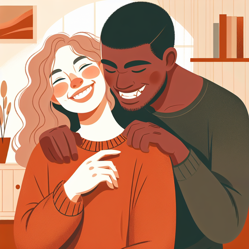 Illustration of a playful couple in an intimate setting where one partner playfully pretends to bite the other's shoulder, with a background that conveys warmth and affection.