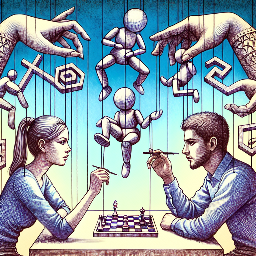 An illustration showing two people in a conversation where one appears manipulative, with psychological symbols hovering over, representing mind games and emotional manipulation.