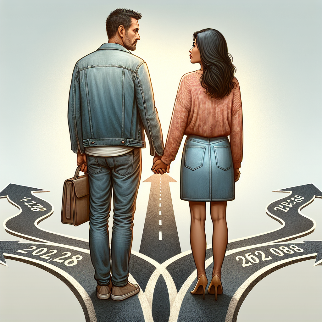 A couple holding hands, facing a crossroads with different paths symbolizing different years in a relationship, with expressions of contemplation and determination.