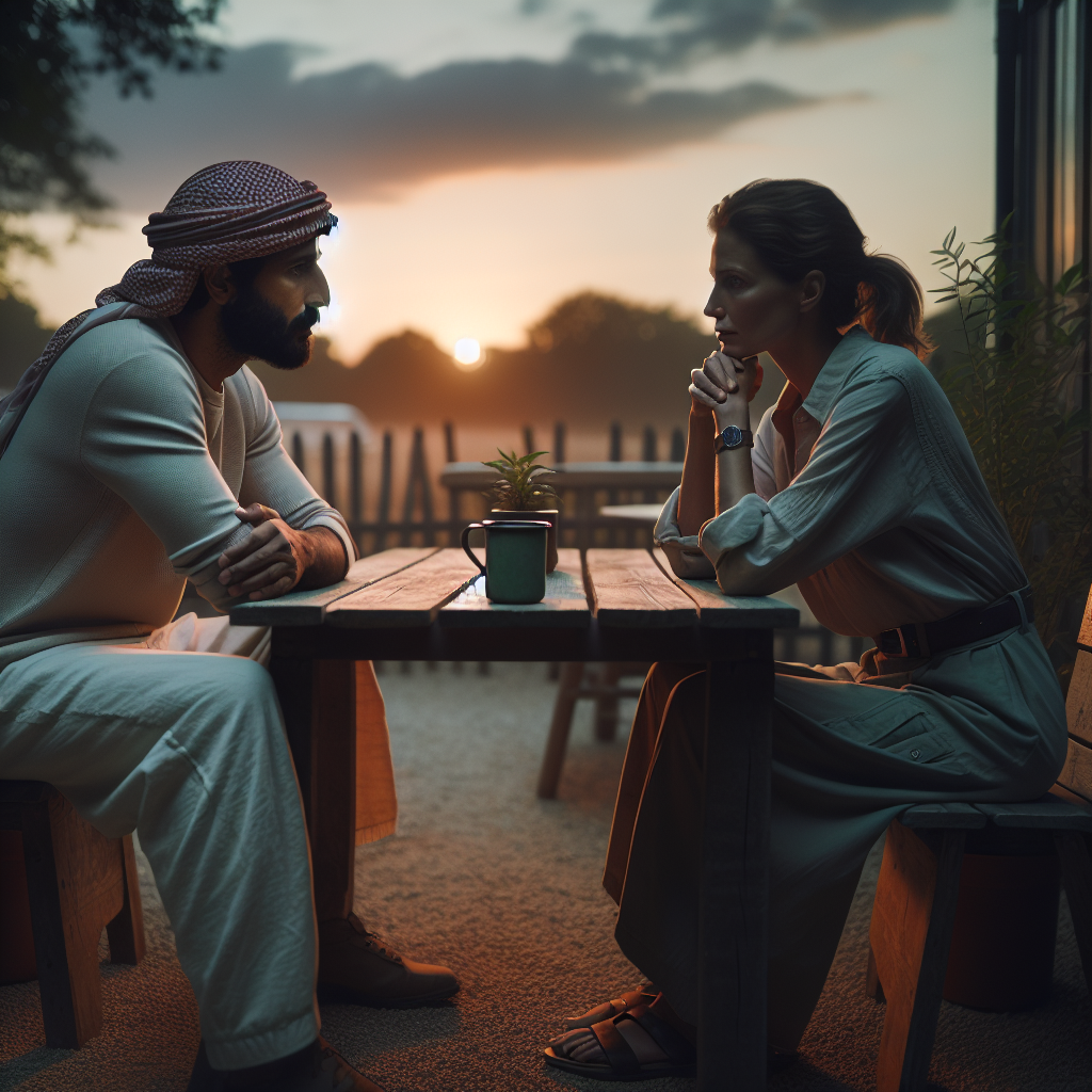 A serene scene depicting two people having an honest and calm conversation, illustrating empathy and understanding during a breakup, with soft muted colors and gentle lighting.