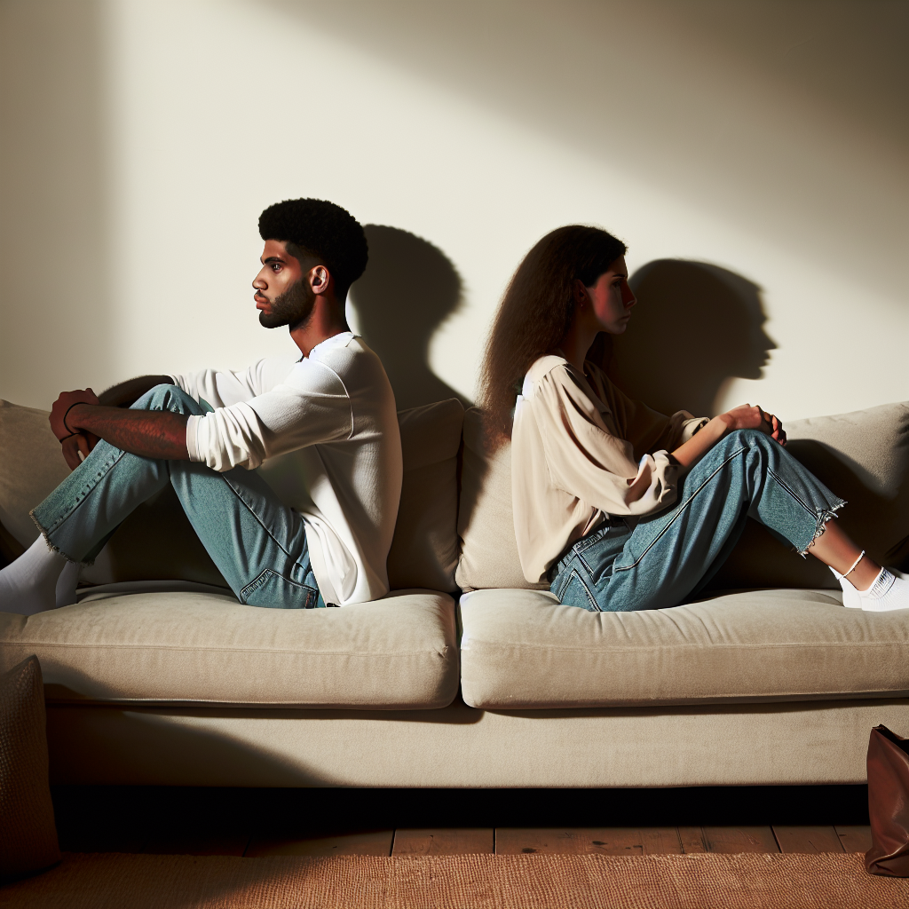 An image illustrating a couple sitting back-to-back on a couch, looking distant and indifferent, with a subtle shadow between them symbolizing emotional separation.