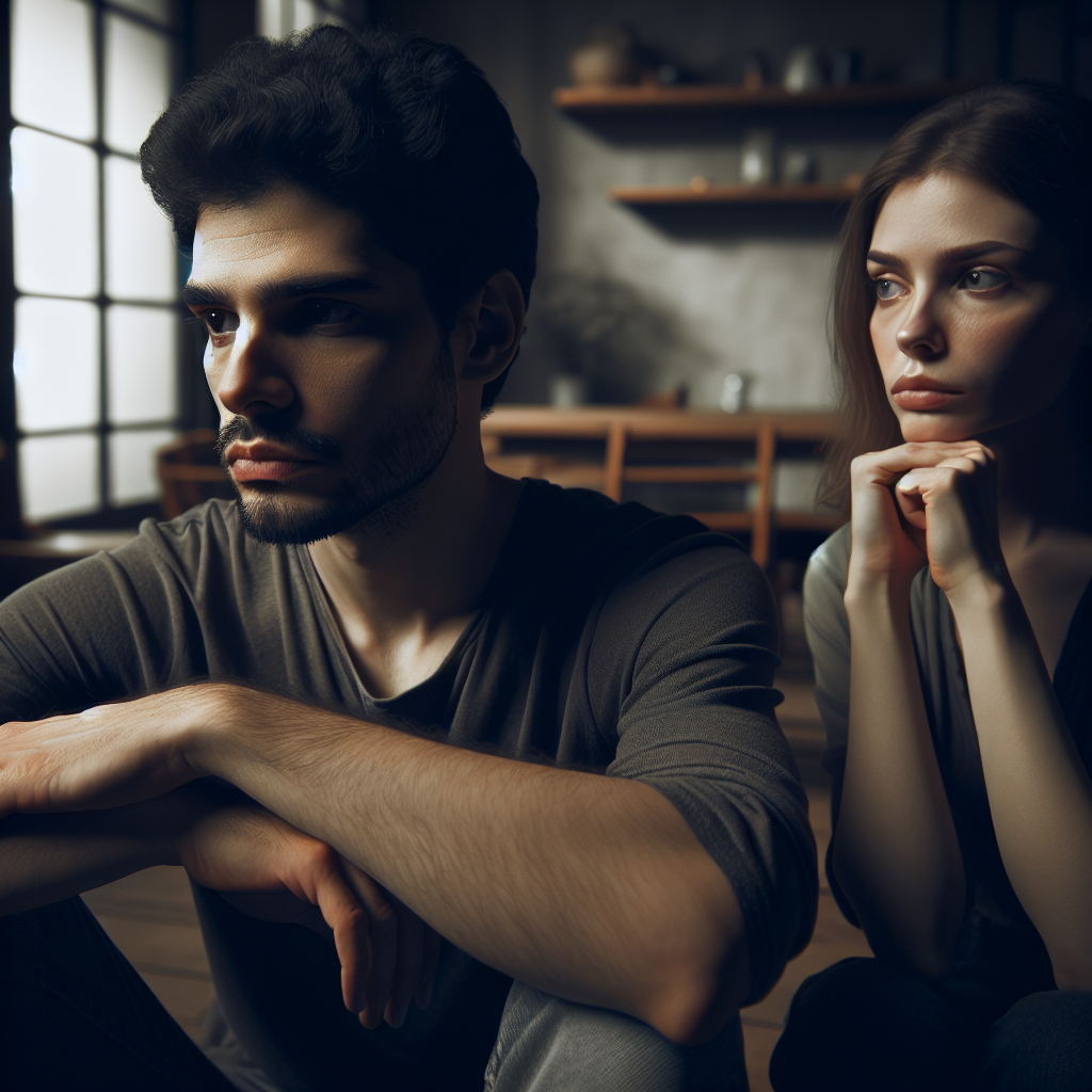 A couple sitting in a room, one partner appearing closed off and distant, while the other looks concerned and thoughtful. The atmosphere is tense, with muted colors and shadows, highlighting the emotional barrier between them.