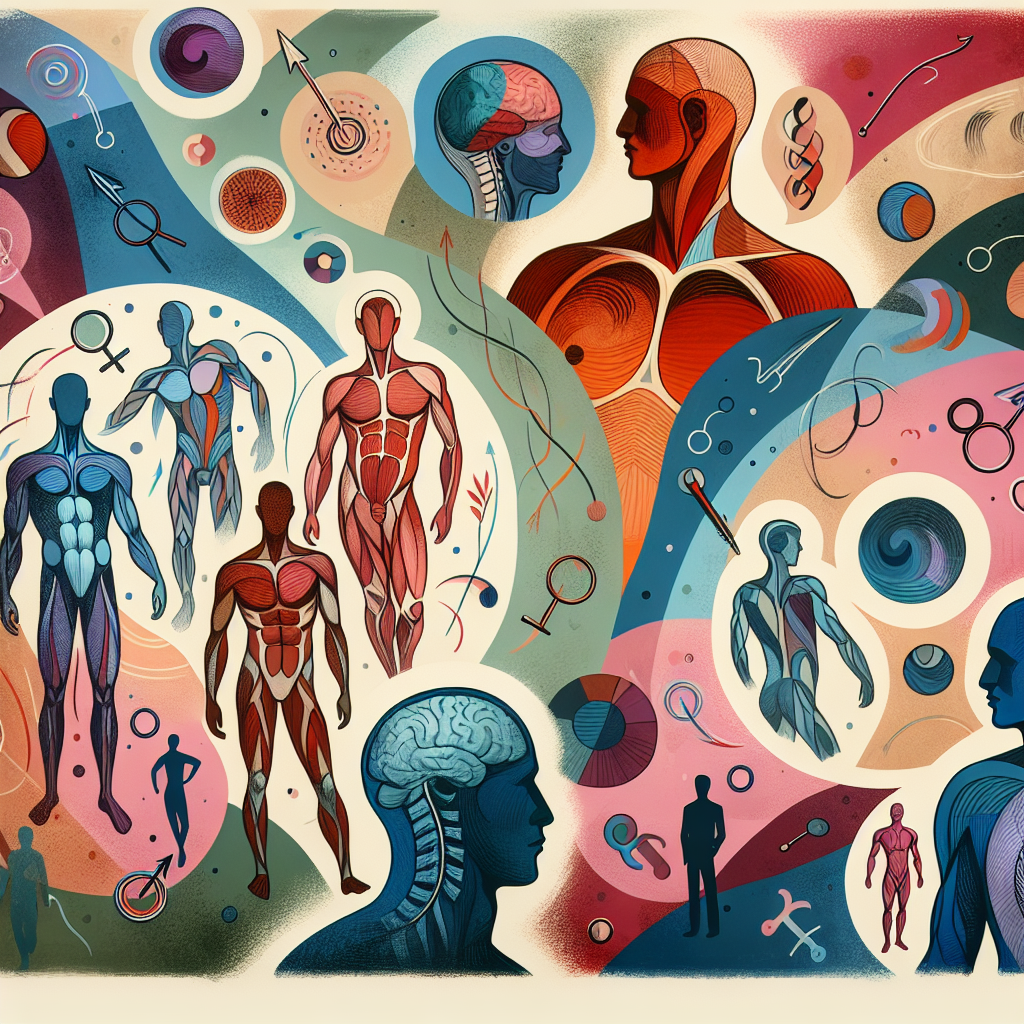 An illustration showing diverse sizes and shapes of penises, focusing on the misconception about size importance, set against a backdrop of abstract feminine shapes, with colors symbolizing diversity and acceptance.