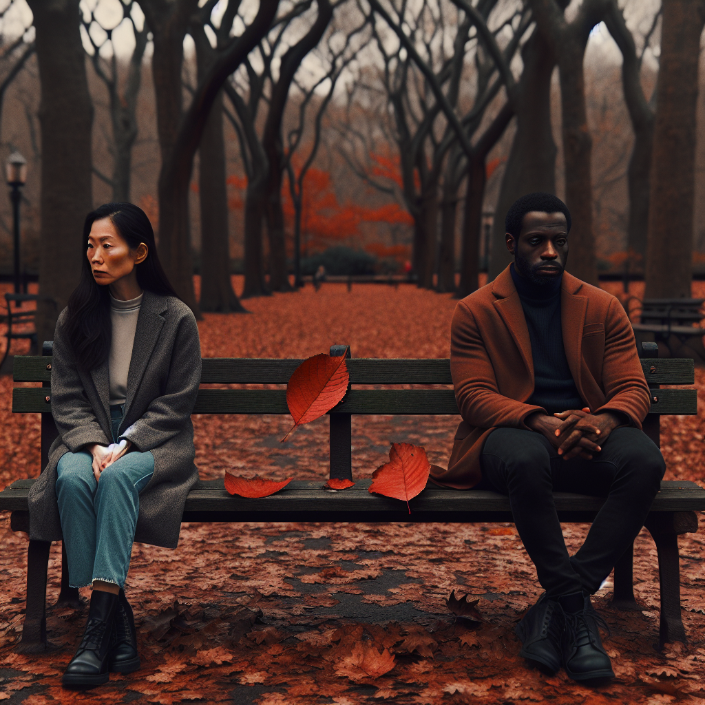 A couple sitting on a park bench in autumn, both looking away from each other with fallen leaves around them, symbolizing emotional distance in a relationship.