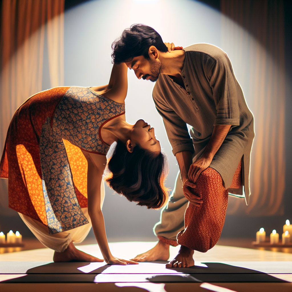 A romantic and intimate scene showing a couple engaging in a playful and artistic depiction of a Kamasutra position, with soft lighting and a focus on connection and exploration.