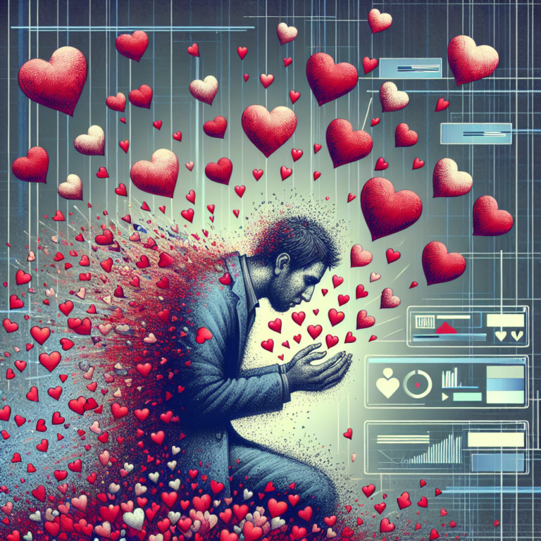 A symbolic portrayal of a person overwhelmed by a bombardment of hearts, representing oversaturated affection, with a digital backdrop indicating the modern communication era.