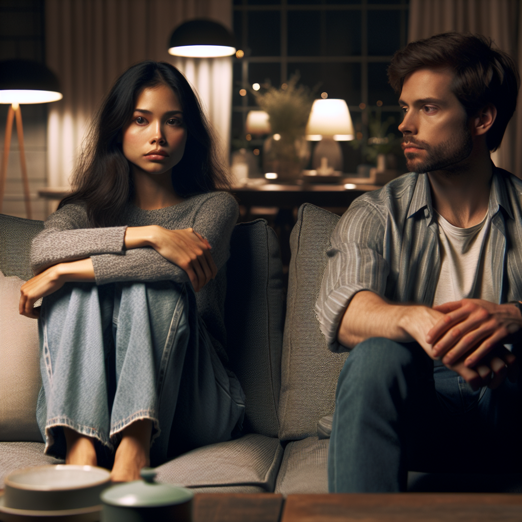 An intimate couple sitting apart on a sofa, with distant expressions, symbolizing disconnection in a relationship. Dim lighting, a modern living room, and subtle tension in the air.
