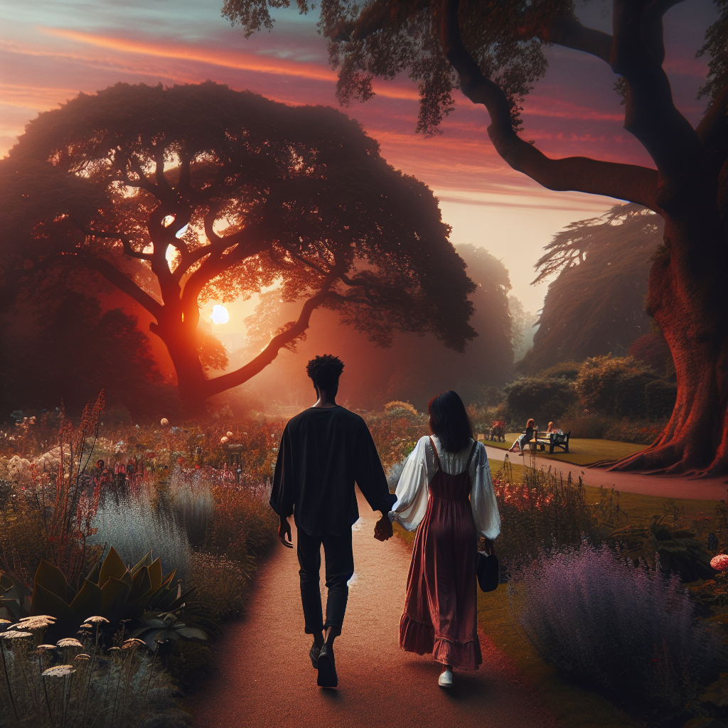 A couple holding hands walking in a beautiful park during sunset, embodying connection and love in a serene and intimate atmosphere.
