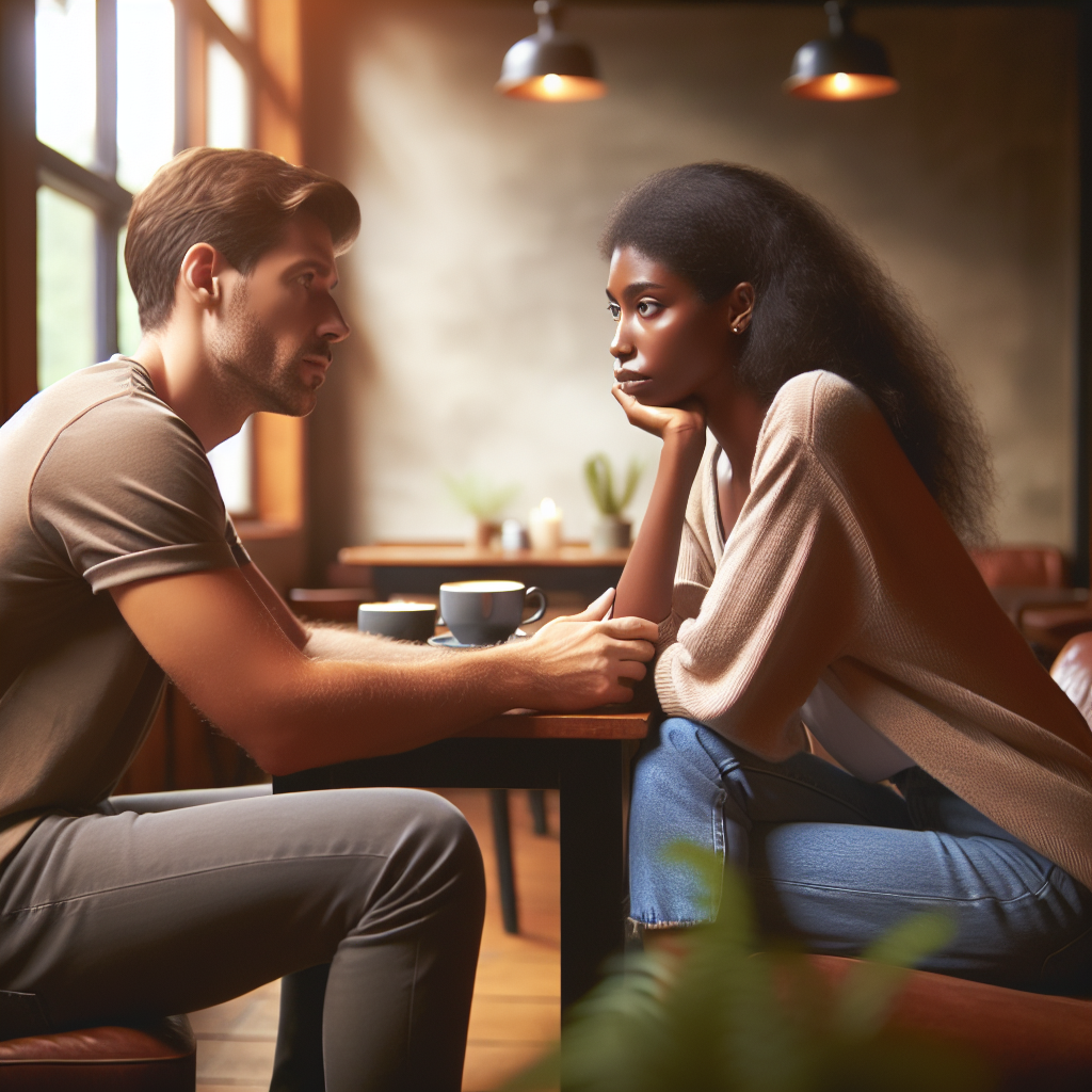 A peaceful and respectful breakup conversation between a couple in a serene cafe setting, emphasizing empathy and clarity. The scene should depict calm expressions, open body language, and a supportive atmosphere, with warm lighting and soft colors to suggest a sense of closure and understanding between the individuals.
