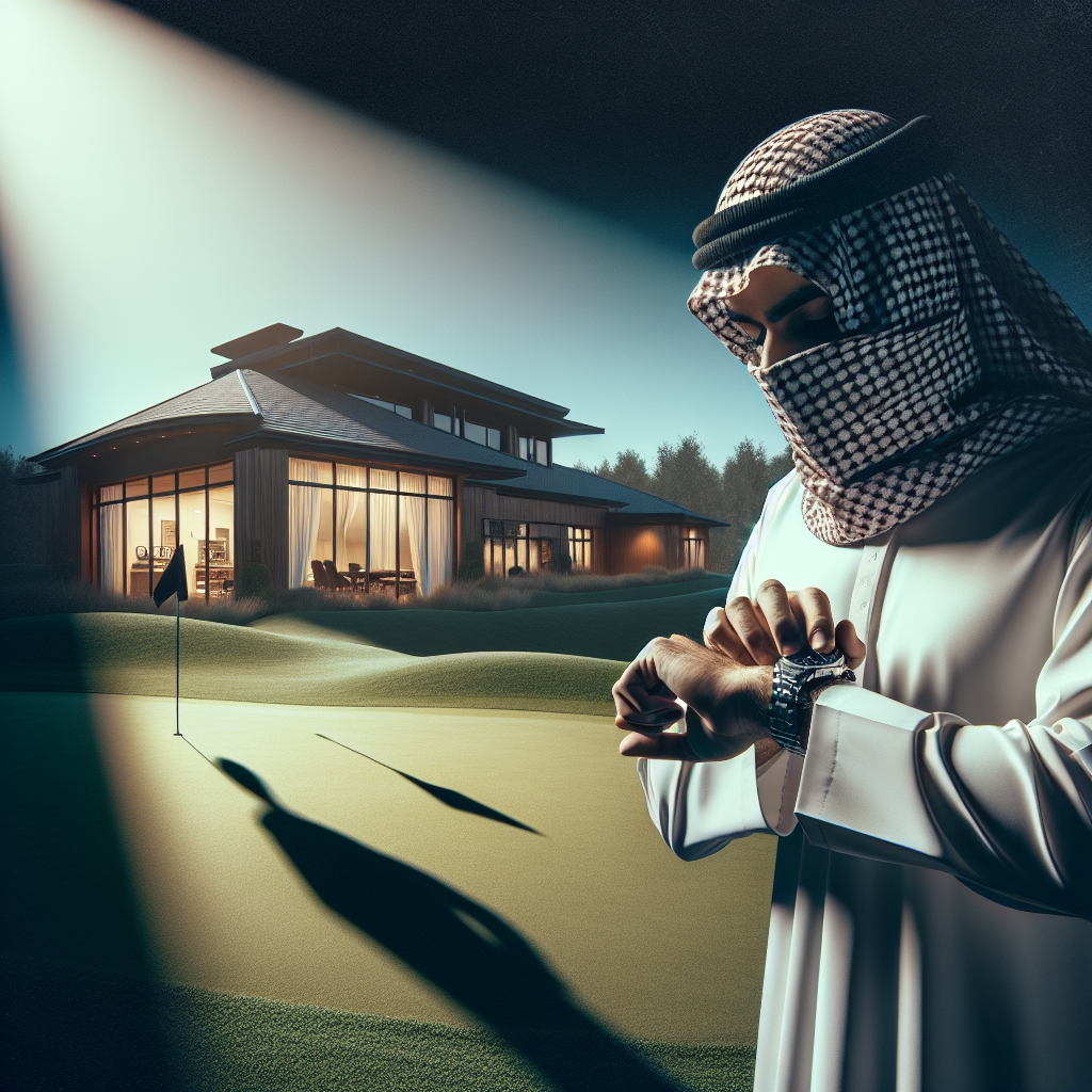 A mysterious and intriguing illustration of a man on a golf course, discreetly looking at his watch, symbolizing the hidden truth and secretive nature of infidelity. The scene is set at dawn, with a shadowy clubhouse in the background, highlighting the theme of deception in relationships.
