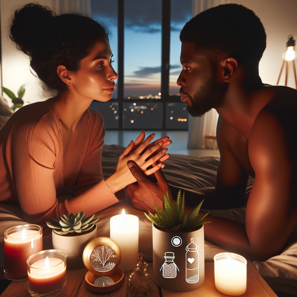 A couple having an open and warm communication about their relationship in a modern bedroom setting, with an atmosphere of trust and intimacy, emphasizing the theme of refreshing and renewing one's romantic life.