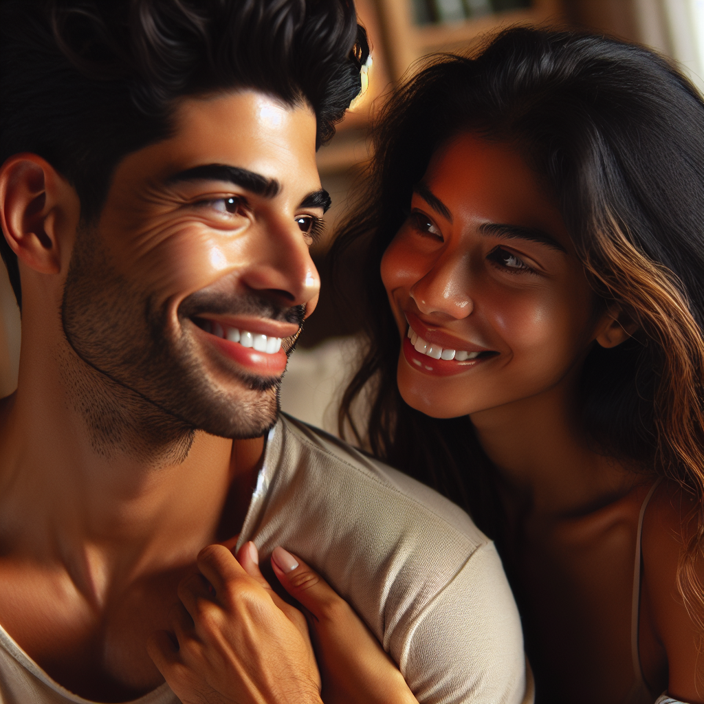 Une femme souriante regardant un partenaire avec affection, dans un cadre chaleureux et intime, évoquant la complicité et l'amour naissant.