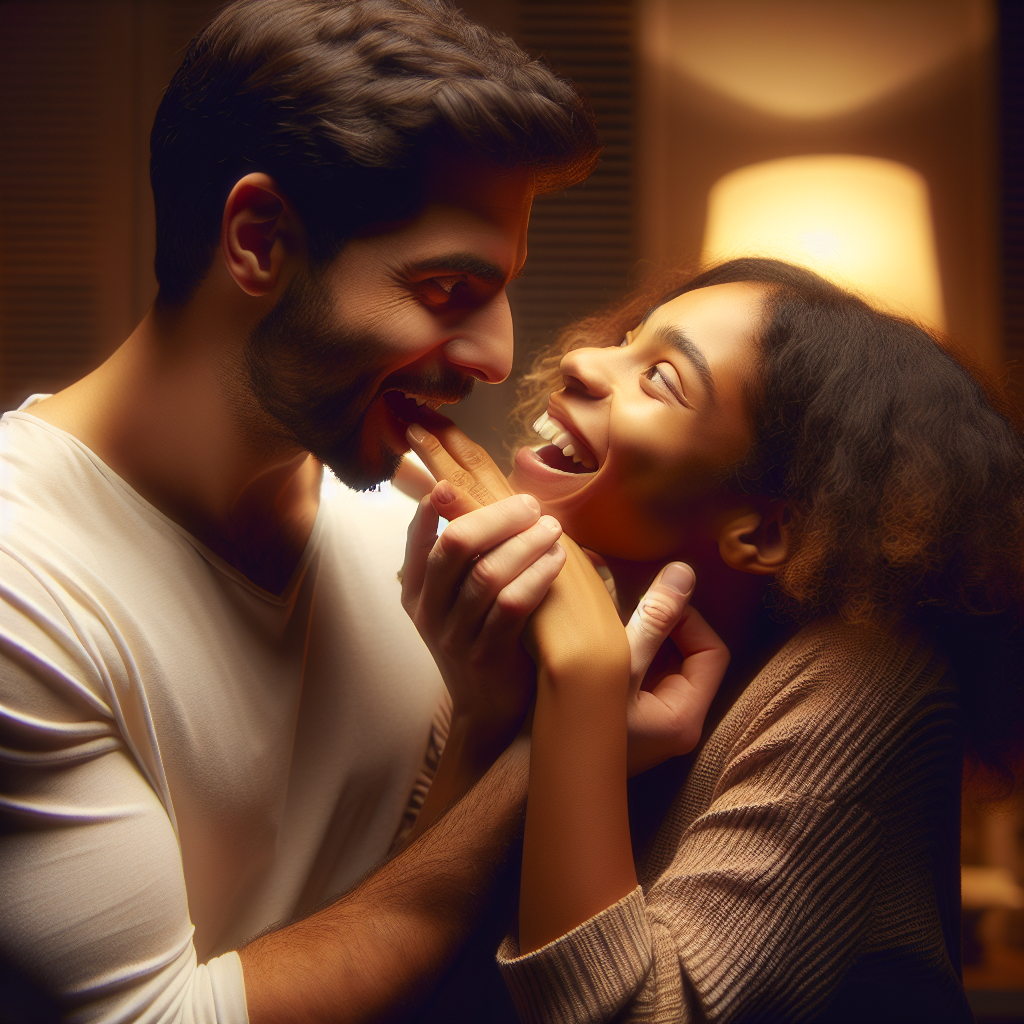 A tender and playful image of a couple in a loving embrace, with one partner playfully mimicking a light bite gesture, illustrating affection. The scene captures intimacy and the expression of emotions in a warm, soft-lit environment.