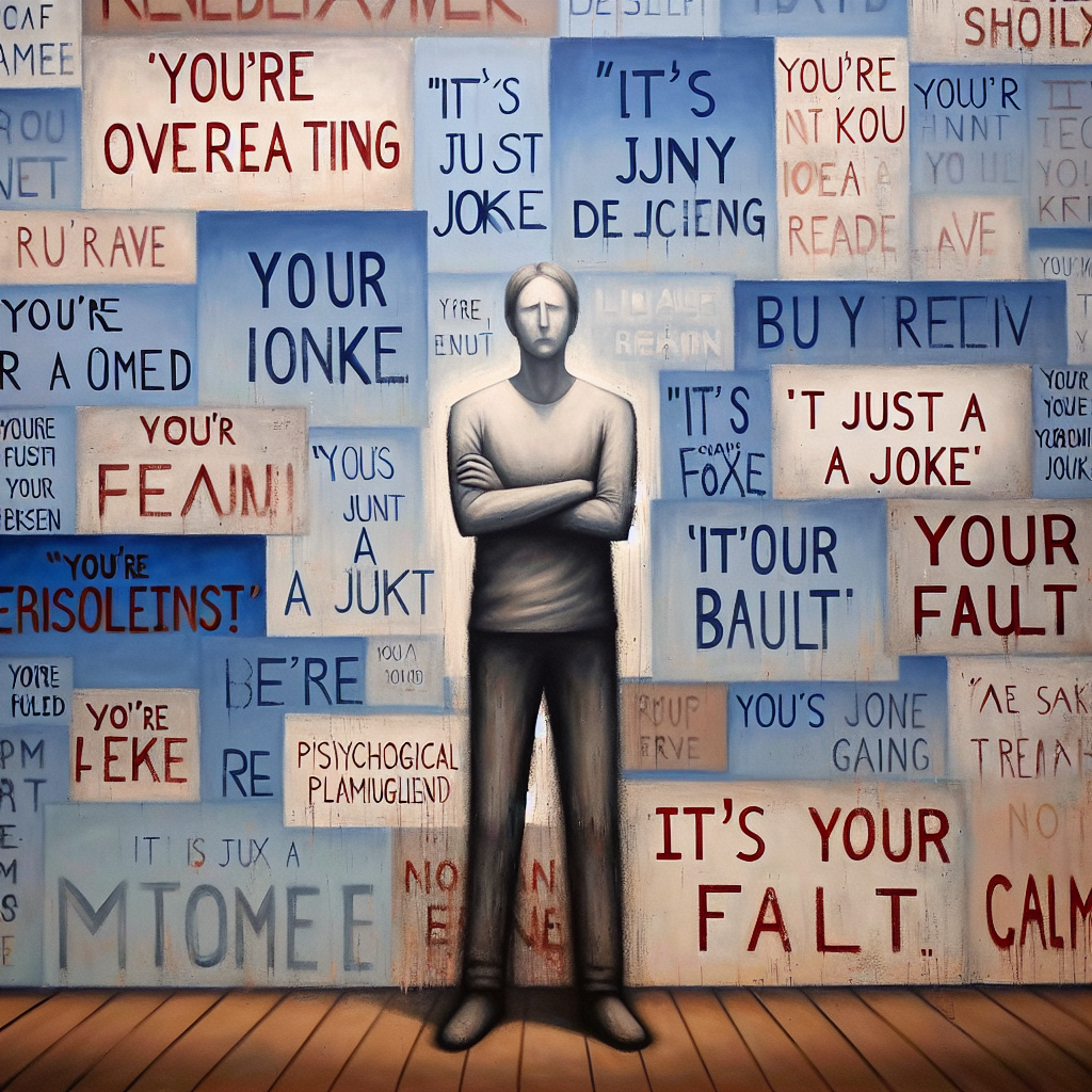 A person confidently standing with crossed arms, surrounded by a collage of phrases like "You're overreacting," "It's just a joke," and "It's your fault," symbolizing psychological manipulation. The background is a muted color palette, emphasizing calmness and strength.