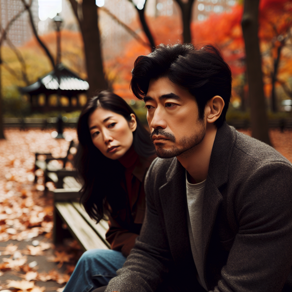 A couple sitting on a bench in a park, the man looking thoughtful and distant while the woman appears concerned, autumn leaves around them.